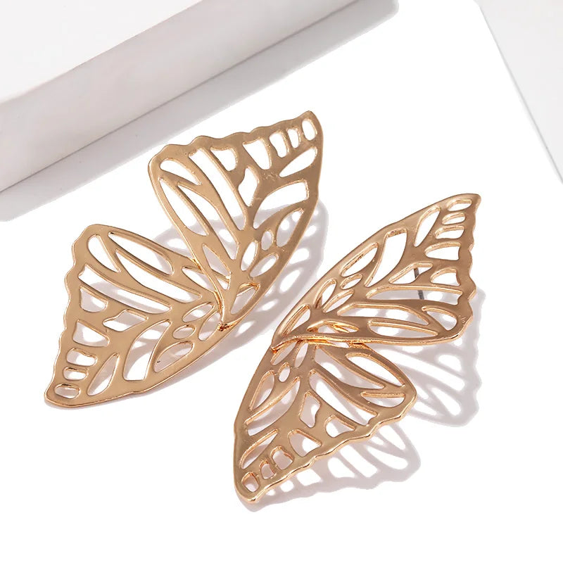 Hollow Out Metal Butterfly Chunky Earrings - Fashion Geometric Double Wings Dangle Jewelry for Women.