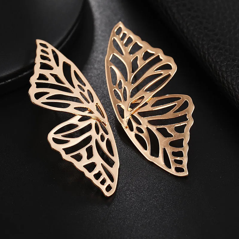 Hollow Out Metal Butterfly Chunky Earrings - Fashion Geometric Double Wings Dangle Jewelry for Women.