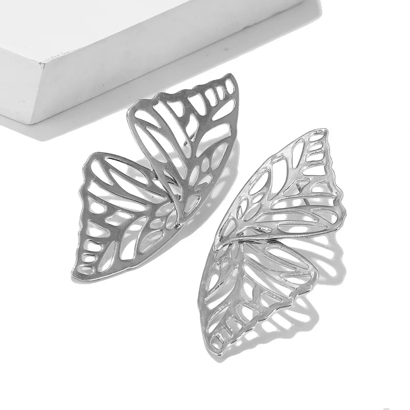 Hollow Out Metal Butterfly Chunky Earrings - Fashion Geometric Double Wings Dangle Jewelry for Women.