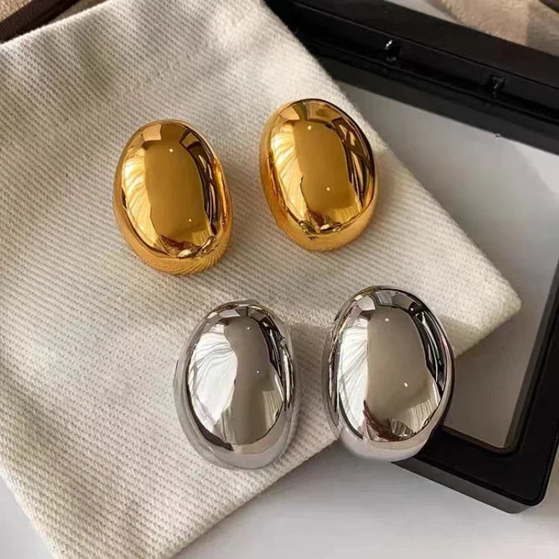 Exaggerated Water Drop Oval Glossy Metal Earrings – Gold/Silver, Trendy Studs for Women & Girls.