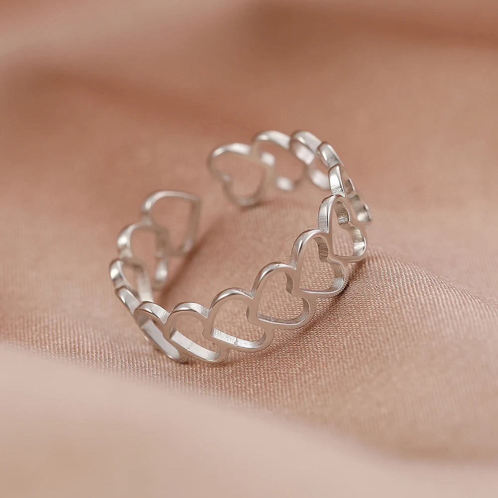 Stainless Steel Hollow Heart Adjustable Ring – Fashion Jewelry for Women, Party Gift