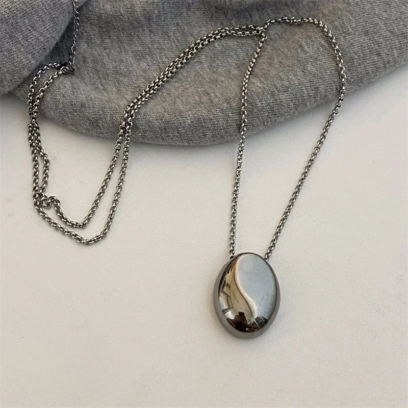 Metal Geometric Oval Water Drop Pendant Necklace – Titanium Steel, Long Sweater Chain for Women & Girls