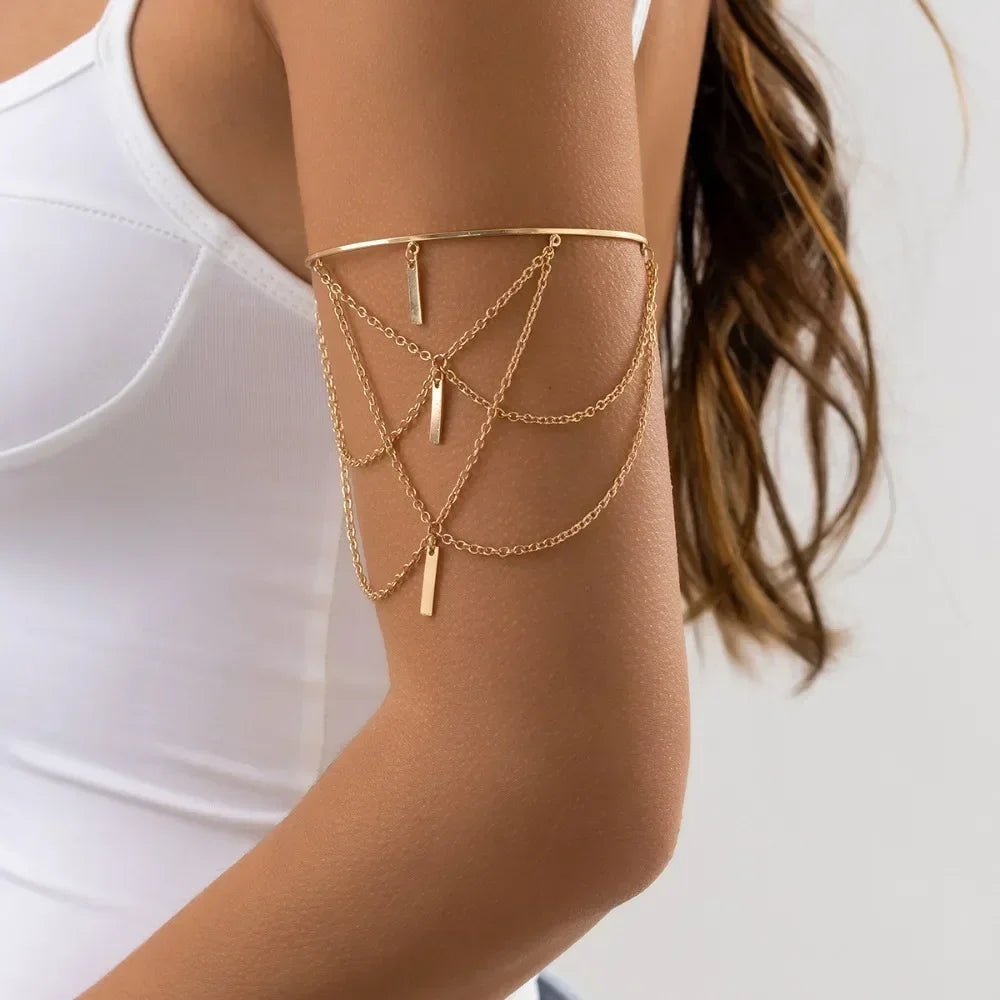 Gold Open Upper Arm Bracelet – Women's Jewelry, Rectangle Charm, Tassel Design, Summer Party Fashion Accessory.