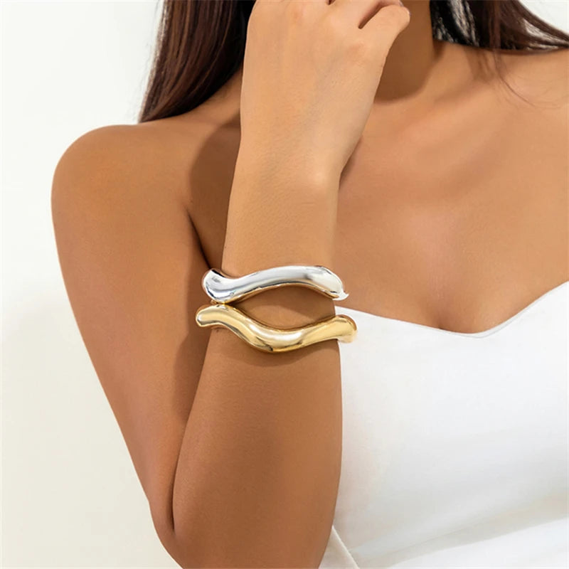 Exaggerated thick heavy metal cuff bracelet – punk, gothic, irregular wide arm jewelry for men & women.